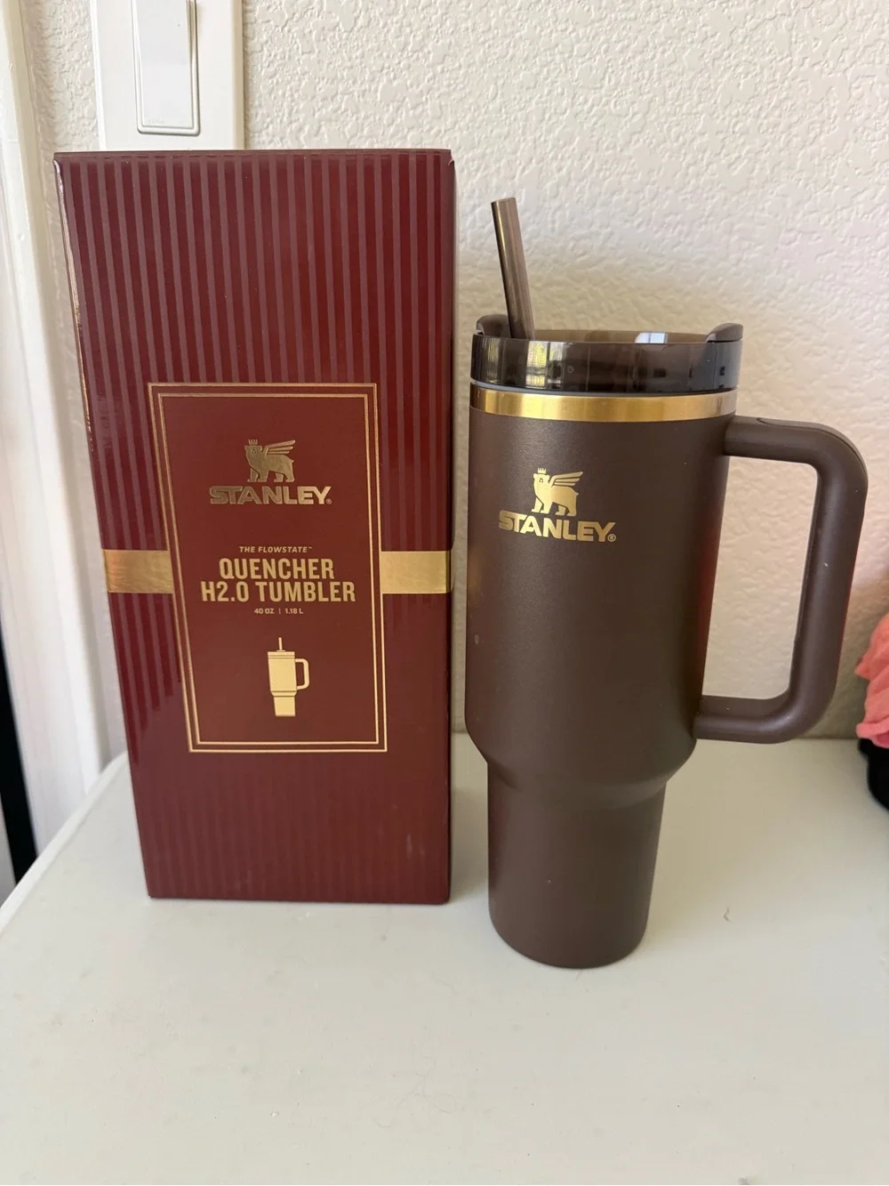 Stanley Brown Tumbler with Gold Logo and Trim